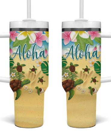 Hawaii Aloha Turtle Family On The Beach With Colorful Tropical Flowers Custom Stanley Quencher 40Oz Stainless Steel Tumbler With Handle