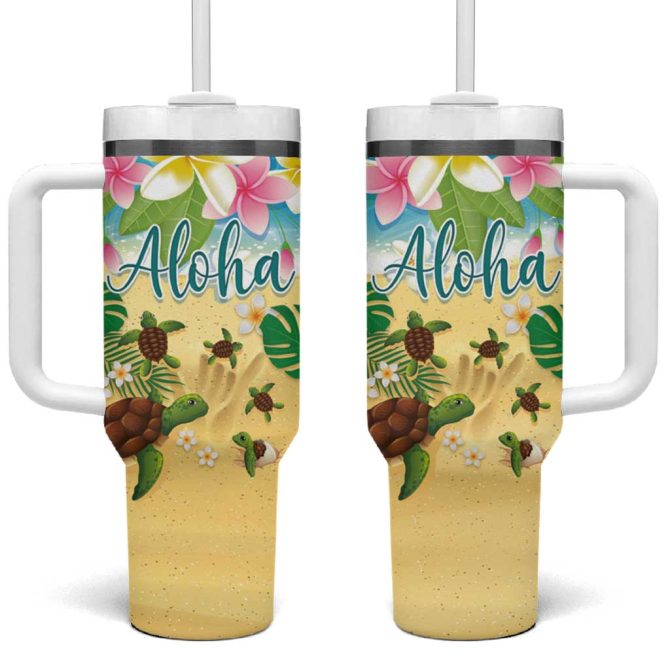 Hawaii Aloha Turtle Family On The Beach With Colorful Tropical Flowers Custom Stanley Quencher 40Oz Stainless Steel Tumbler With Handle