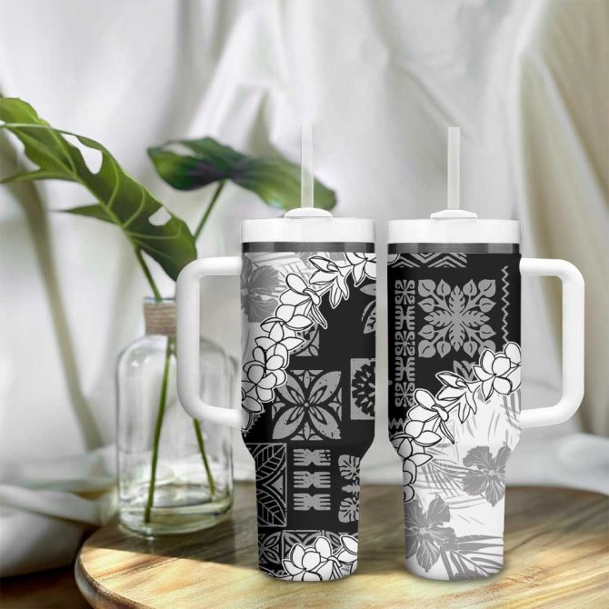Hawaii Aloha White Quilt Patch Work Mix Plumeria Lei Custom Stanley Quencher 40Oz Stainless Steel Tumbler With Handle - Image 9
