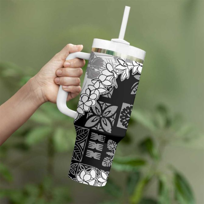 Hawaii Aloha White Quilt Patch Work Mix Plumeria Lei Custom Stanley Quencher 40Oz Stainless Steel Tumbler With Handle - Image 3