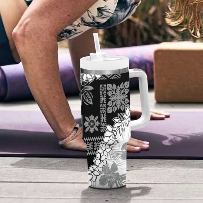 Hawaii Aloha White Quilt Patch Work Mix Plumeria Lei Custom Stanley Quencher 40Oz Stainless Steel Tumbler With Handle - Image 6