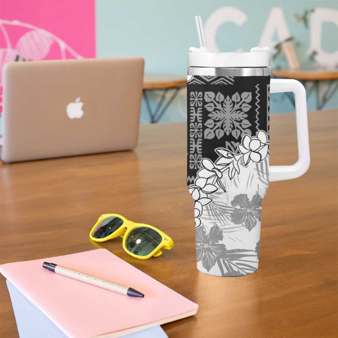 Hawaii Aloha White Quilt Patch Work Mix Plumeria Lei Custom Stanley Quencher 40Oz Stainless Steel Tumbler With Handle - Image 5