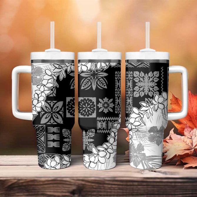 Hawaii Aloha White Quilt Patch Work Mix Plumeria Lei Custom Stanley Quencher 40Oz Stainless Steel Tumbler With Handle - Image 4