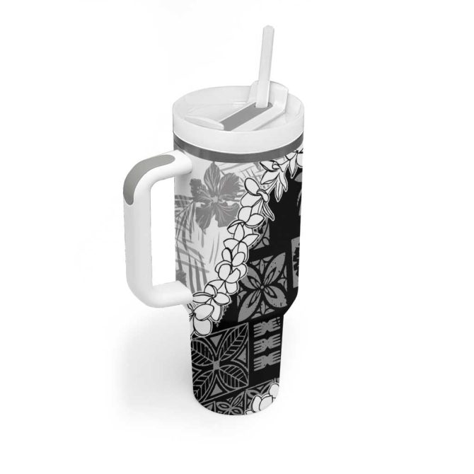 Hawaii Aloha White Quilt Patch Work Mix Plumeria Lei Custom Stanley Quencher 40Oz Stainless Steel Tumbler With Handle - Image 2