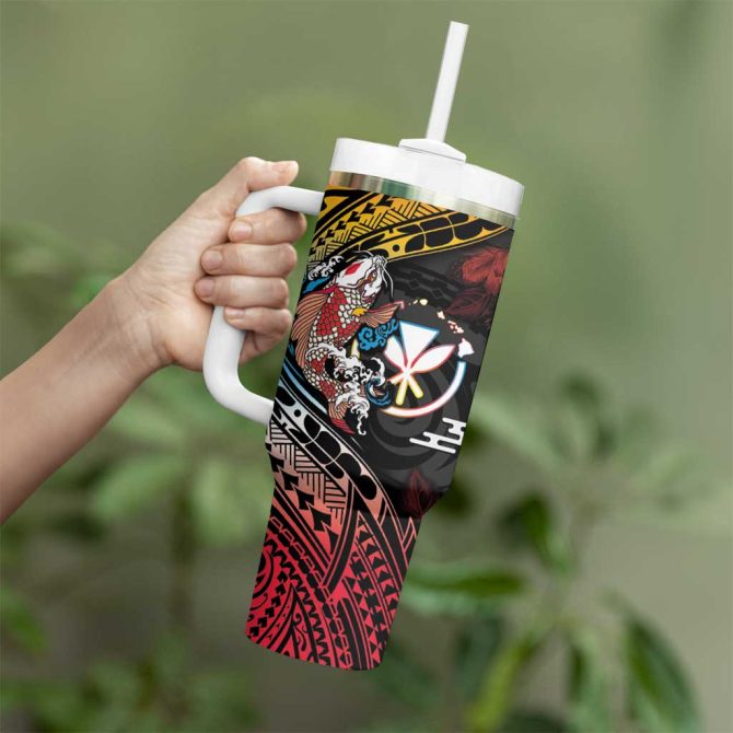 Hawaii And Japan Koi Fish With Kanaka Maoli Custom Stanley Quencher 40Oz Stainless Steel Tumbler With Handle - Image 3