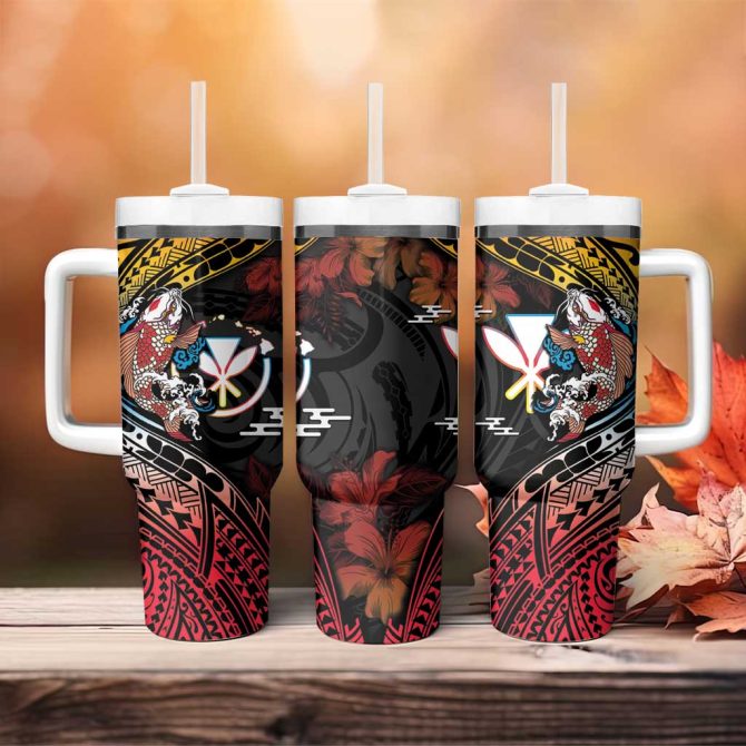 Hawaii And Japan Koi Fish With Kanaka Maoli Custom Stanley Quencher 40Oz Stainless Steel Tumbler With Handle - Image 4