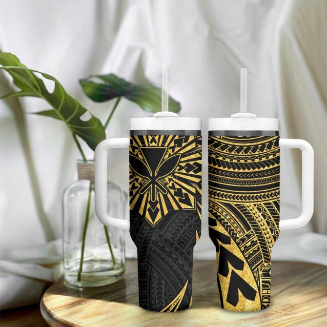 Hawaii And Philippines Kanaka Maoli With Tribal Sun Together Gold Custom Stanley Quencher 40Oz Stainless Steel Tumbler With Handle - Image 9