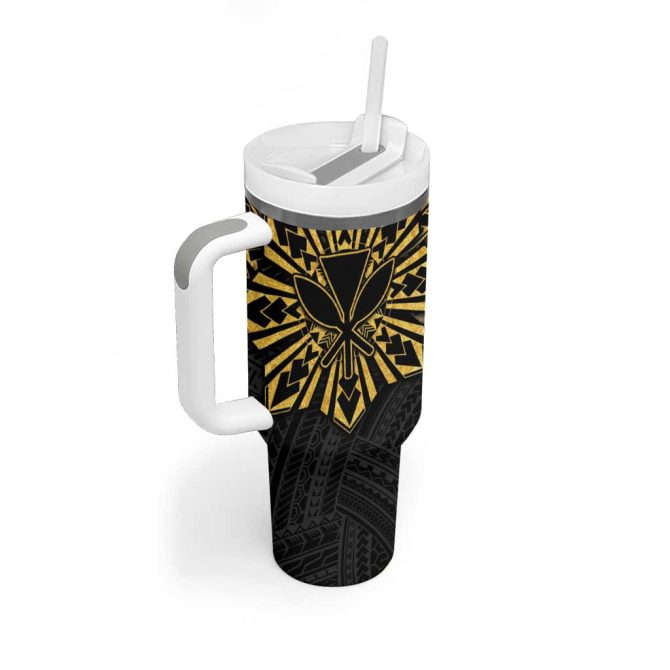Hawaii And Philippines Kanaka Maoli With Tribal Sun Together Gold Custom Stanley Quencher 40Oz Stainless Steel Tumbler With Handle - Image 2