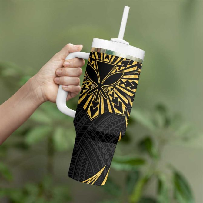 Hawaii And Philippines Kanaka Maoli With Tribal Sun Together Gold Custom Stanley Quencher 40Oz Stainless Steel Tumbler With Handle - Image 3