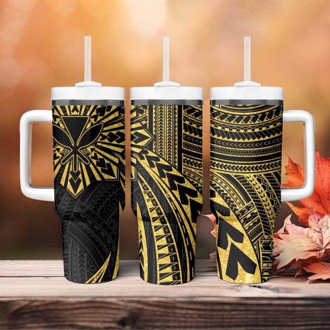 Hawaii And Philippines Kanaka Maoli With Tribal Sun Together Gold Custom Stanley Quencher 40Oz Stainless Steel Tumbler With Handle - Image 4