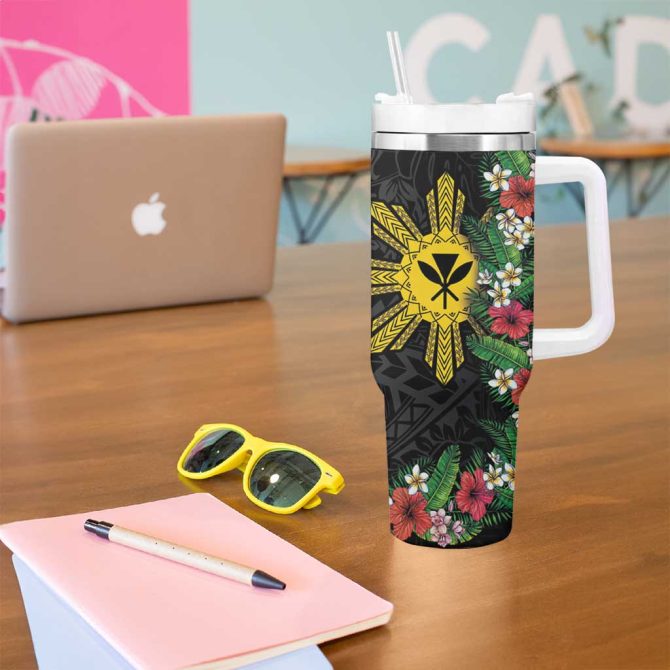 Hawaii And Philippines Together Hibiscus Flower And Sun Badge Polynesian Coloful Custom Stanley Quencher 40Oz Stainless Steel Tumbler With Handle - Image 5