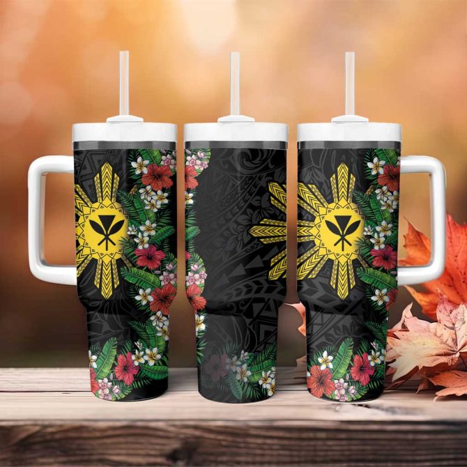 Hawaii And Philippines Together Hibiscus Flower And Sun Badge Polynesian Coloful Custom Stanley Quencher 40Oz Stainless Steel Tumbler With Handle - Image 4