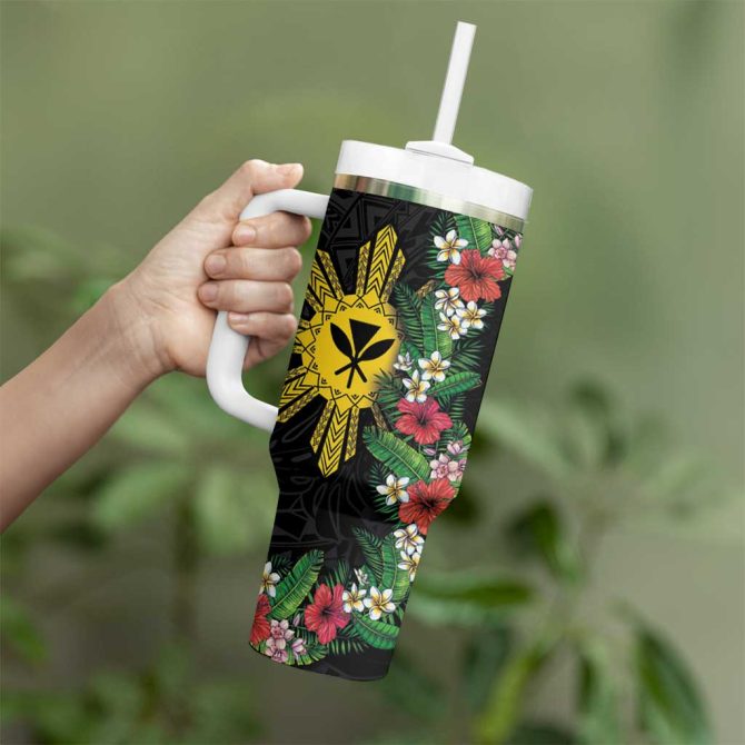 Hawaii And Philippines Together Hibiscus Flower And Sun Badge Polynesian Coloful Custom Stanley Quencher 40Oz Stainless Steel Tumbler With Handle - Image 3