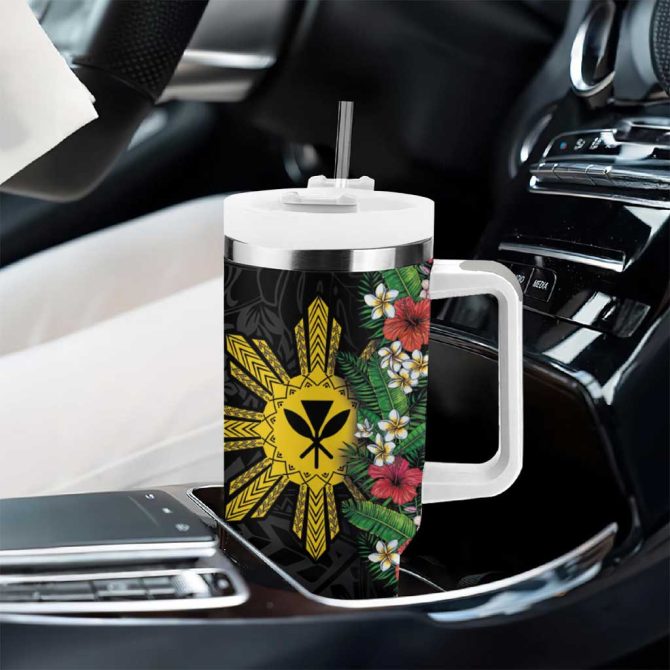 Hawaii And Philippines Together Hibiscus Flower And Sun Badge Polynesian Coloful Custom Stanley Quencher 40Oz Stainless Steel Tumbler With Handle - Image 8