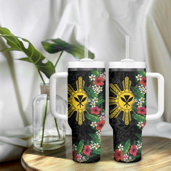 Hawaii And Philippines Together Hibiscus Flower And Sun Badge Polynesian Coloful Custom Stanley Quencher 40Oz Stainless Steel Tumbler With Handle - Image 9