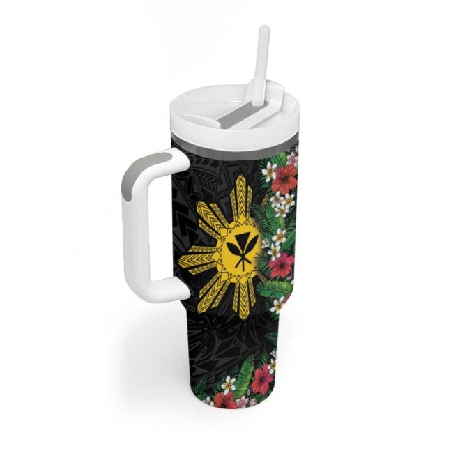 Hawaii And Philippines Together Hibiscus Flower And Sun Badge Polynesian Coloful Custom Stanley Quencher 40Oz Stainless Steel Tumbler With Handle - Image 2