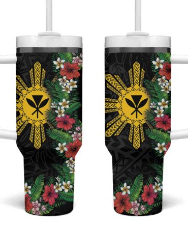 Hawaii And Philippines Together Hibiscus Flower And Sun Badge Polynesian Coloful Custom Stanley Quencher 40Oz Stainless Steel Tumbler With Handle