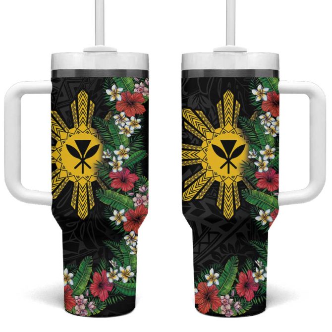Hawaii And Philippines Together Hibiscus Flower And Sun Badge Polynesian Coloful Custom Stanley Quencher 40Oz Stainless Steel Tumbler With Handle