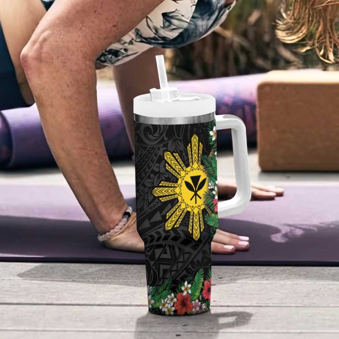 Hawaii And Philippines Together Hibiscus Flower And Sun Badge Polynesian Coloful Custom Stanley Quencher 40Oz Stainless Steel Tumbler With Handle - Image 6