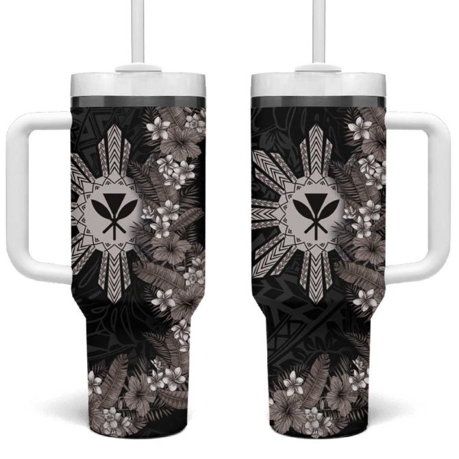 Hawaii And Philippines Together Hibiscus Flower And Sun Badge Polynesian Grayscale Custom Stanley Quencher 40Oz Stainless Steel Tumbler With Handle