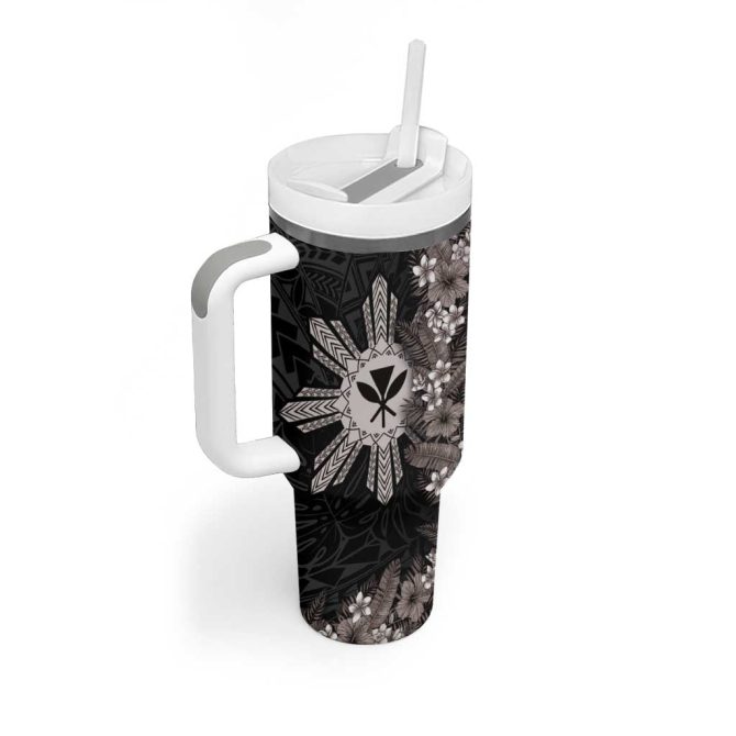 Hawaii And Philippines Together Hibiscus Flower And Sun Badge Polynesian Grayscale Custom Stanley Quencher 40Oz Stainless Steel Tumbler With Handle - Image 2