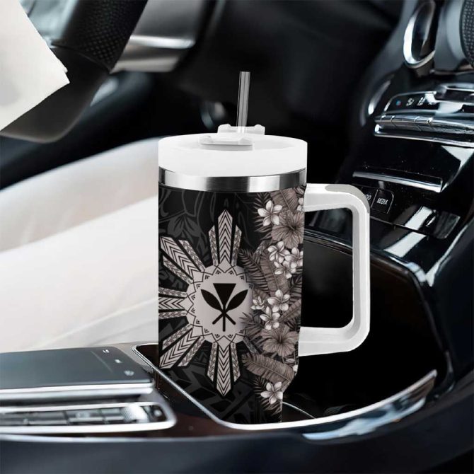 Hawaii And Philippines Together Hibiscus Flower And Sun Badge Polynesian Grayscale Custom Stanley Quencher 40Oz Stainless Steel Tumbler With Handle - Image 8