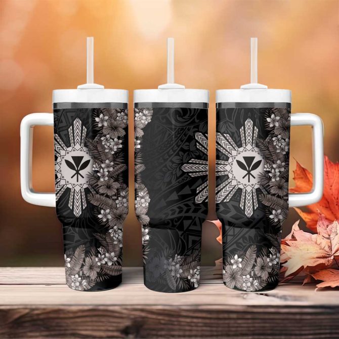 Hawaii And Philippines Together Hibiscus Flower And Sun Badge Polynesian Grayscale Custom Stanley Quencher 40Oz Stainless Steel Tumbler With Handle - Image 4
