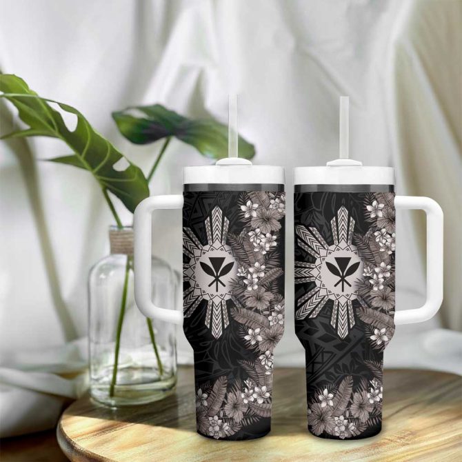 Hawaii And Philippines Together Hibiscus Flower And Sun Badge Polynesian Grayscale Custom Stanley Quencher 40Oz Stainless Steel Tumbler With Handle - Image 9