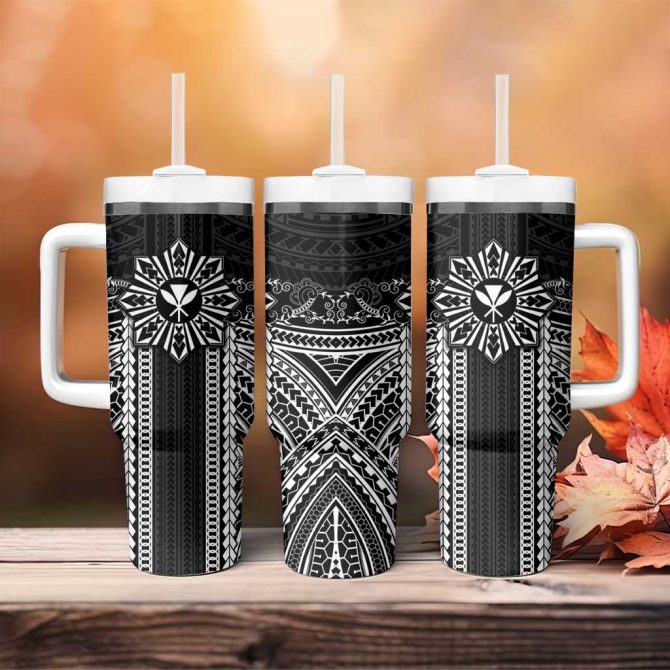 Hawaii And Philippines Together Polynesian With Filipino Barong Black Custom Stanley Quencher 40Oz Stainless Steel Tumbler With Handle - Image 4