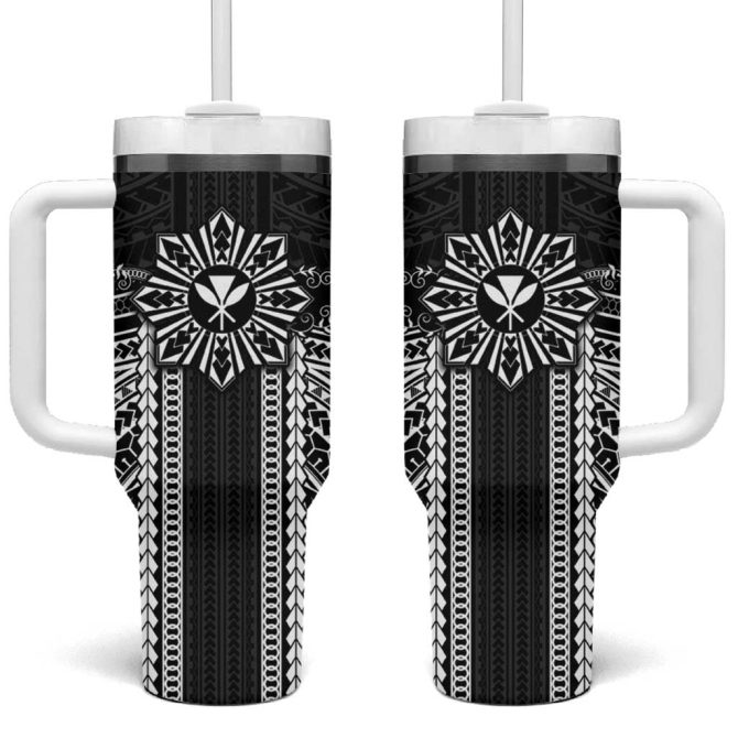 Hawaii And Philippines Together Polynesian With Filipino Barong Black Custom Stanley Quencher 40Oz Stainless Steel Tumbler With Handle