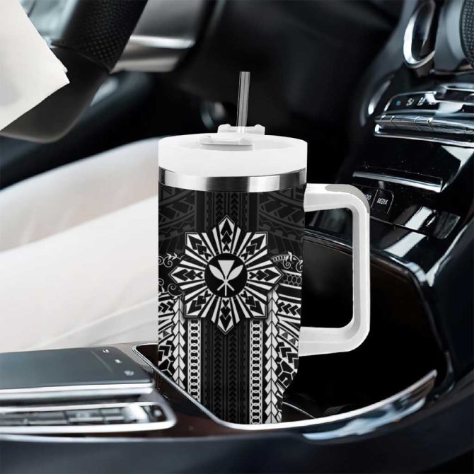 Hawaii And Philippines Together Polynesian With Filipino Barong Black Custom Stanley Quencher 40Oz Stainless Steel Tumbler With Handle - Image 8