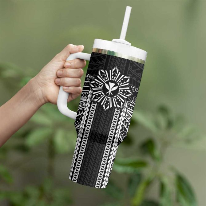 Hawaii And Philippines Together Polynesian With Filipino Barong Black Custom Stanley Quencher 40Oz Stainless Steel Tumbler With Handle - Image 3