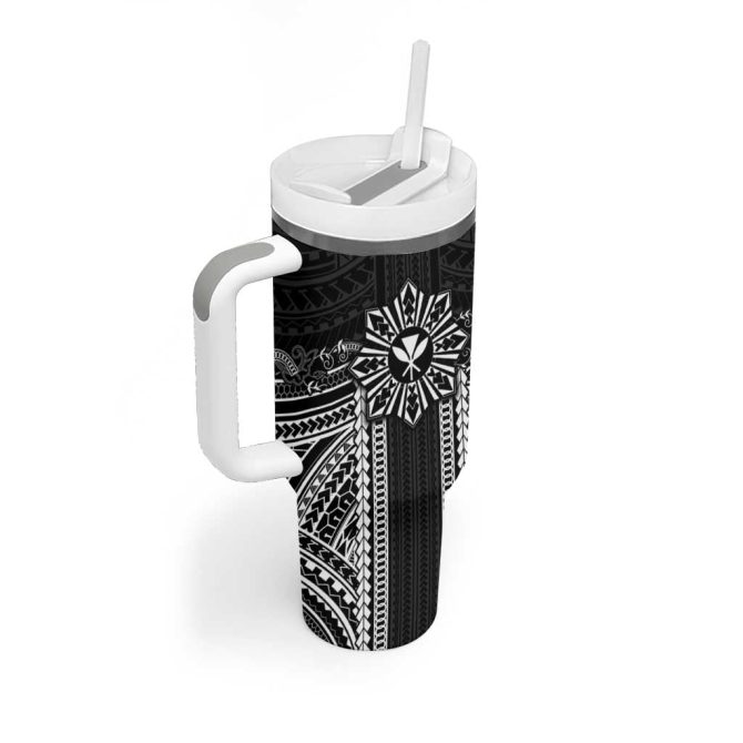 Hawaii And Philippines Together Polynesian With Filipino Barong Black Custom Stanley Quencher 40Oz Stainless Steel Tumbler With Handle - Image 2