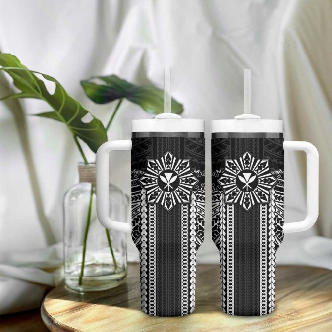 Hawaii And Philippines Together Polynesian With Filipino Barong Black Custom Stanley Quencher 40Oz Stainless Steel Tumbler With Handle - Image 9