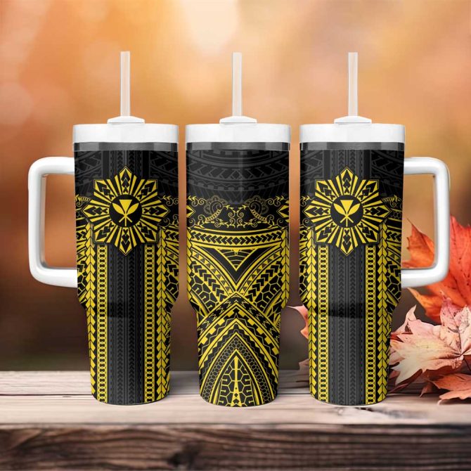Hawaii And Philippines Together Polynesian With Filipino Barong Gold Custom Stanley Quencher 40Oz Stainless Steel Tumbler With Handle - Image 4