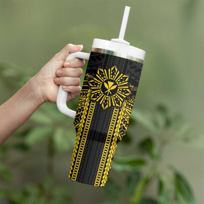 Hawaii And Philippines Together Polynesian With Filipino Barong Gold Custom Stanley Quencher 40Oz Stainless Steel Tumbler With Handle - Image 3