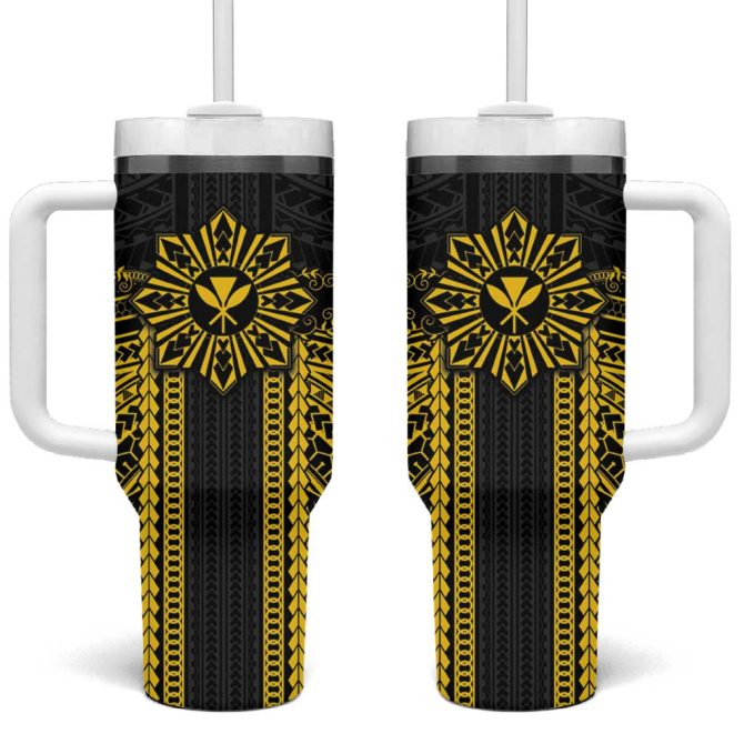 Hawaii And Philippines Together Polynesian With Filipino Barong Gold Custom Stanley Quencher 40Oz Stainless Steel Tumbler With Handle