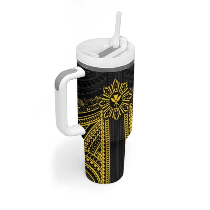 Hawaii And Philippines Together Polynesian With Filipino Barong Gold Custom Stanley Quencher 40Oz Stainless Steel Tumbler With Handle - Image 2