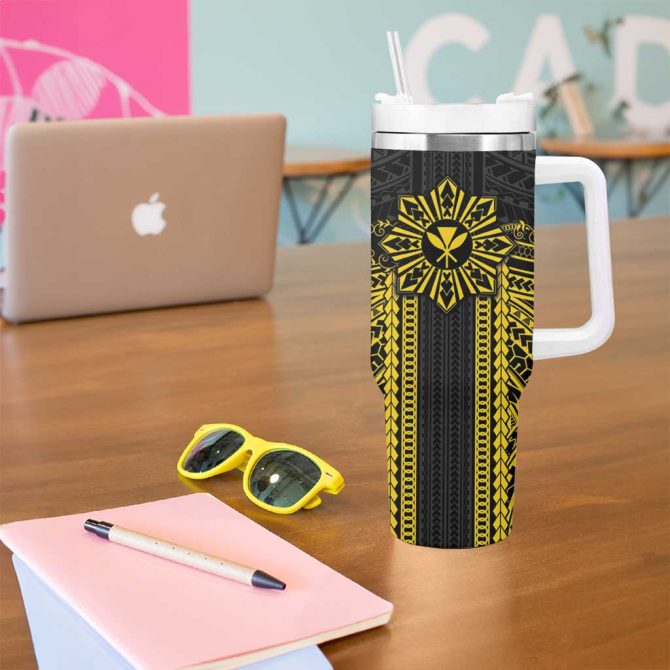 Hawaii And Philippines Together Polynesian With Filipino Barong Gold Custom Stanley Quencher 40Oz Stainless Steel Tumbler With Handle - Image 5