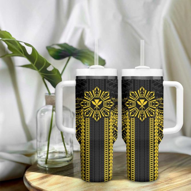 Hawaii And Philippines Together Polynesian With Filipino Barong Gold Custom Stanley Quencher 40Oz Stainless Steel Tumbler With Handle - Image 9