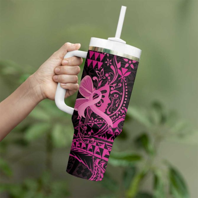 Hawaii Breast Cancer Girl Floral Kakau Custom Stanley Quencher 40Oz Stainless Steel Tumbler With Handle - Image 3
