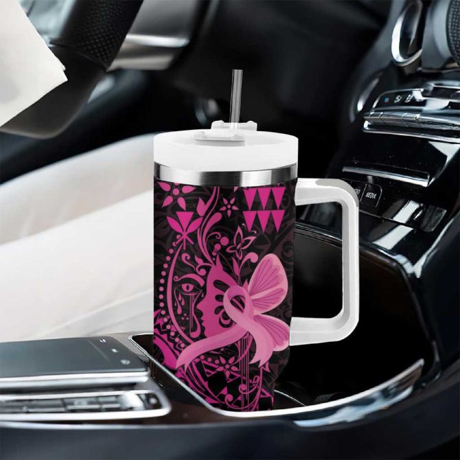 Hawaii Breast Cancer Girl Floral Kakau Custom Stanley Quencher 40Oz Stainless Steel Tumbler With Handle - Image 8