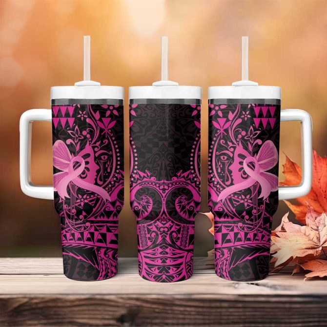 Hawaii Breast Cancer Girl Floral Kakau Custom Stanley Quencher 40Oz Stainless Steel Tumbler With Handle - Image 4