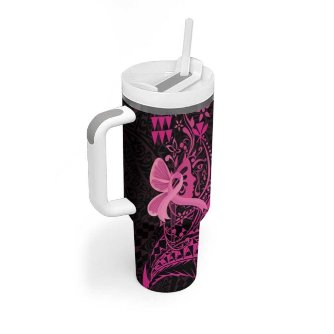 Hawaii Breast Cancer Girl Floral Kakau Custom Stanley Quencher 40Oz Stainless Steel Tumbler With Handle - Image 2