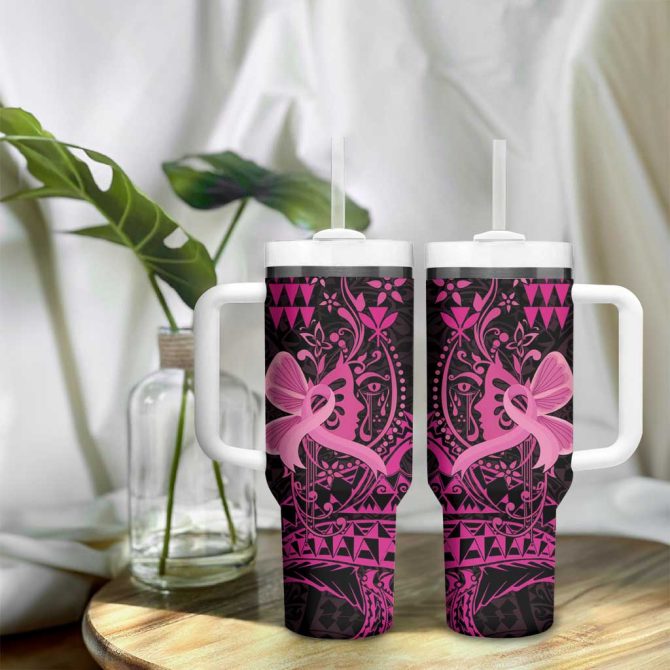 Hawaii Breast Cancer Girl Floral Kakau Custom Stanley Quencher 40Oz Stainless Steel Tumbler With Handle - Image 9