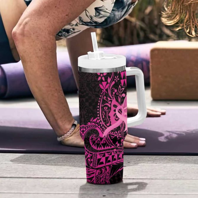 Hawaii Breast Cancer Girl Floral Kakau Custom Stanley Quencher 40Oz Stainless Steel Tumbler With Handle - Image 6