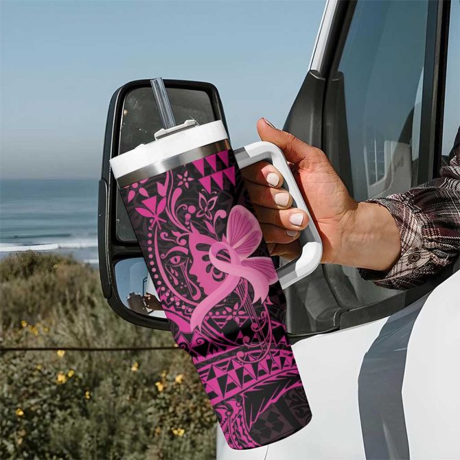 Hawaii Breast Cancer Girl Floral Kakau Custom Stanley Quencher 40Oz Stainless Steel Tumbler With Handle - Image 7