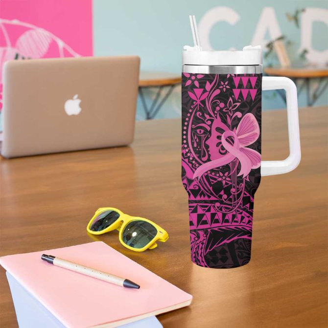 Hawaii Breast Cancer Girl Floral Kakau Custom Stanley Quencher 40Oz Stainless Steel Tumbler With Handle - Image 5