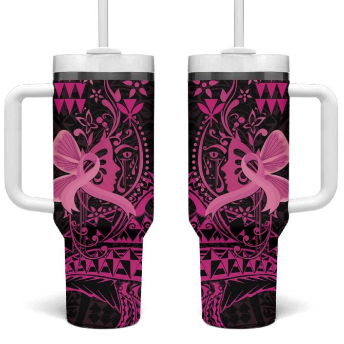 Hawaii Breast Cancer Girl Floral Kakau Custom Stanley Quencher 40Oz Stainless Steel Tumbler With Handle