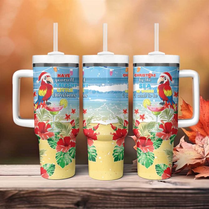 Hawaii Christmas Funny Macaw Parrot Tropical Custom Stanley Quencher 40Oz Stainless Steel Tumbler With Handle - Image 4